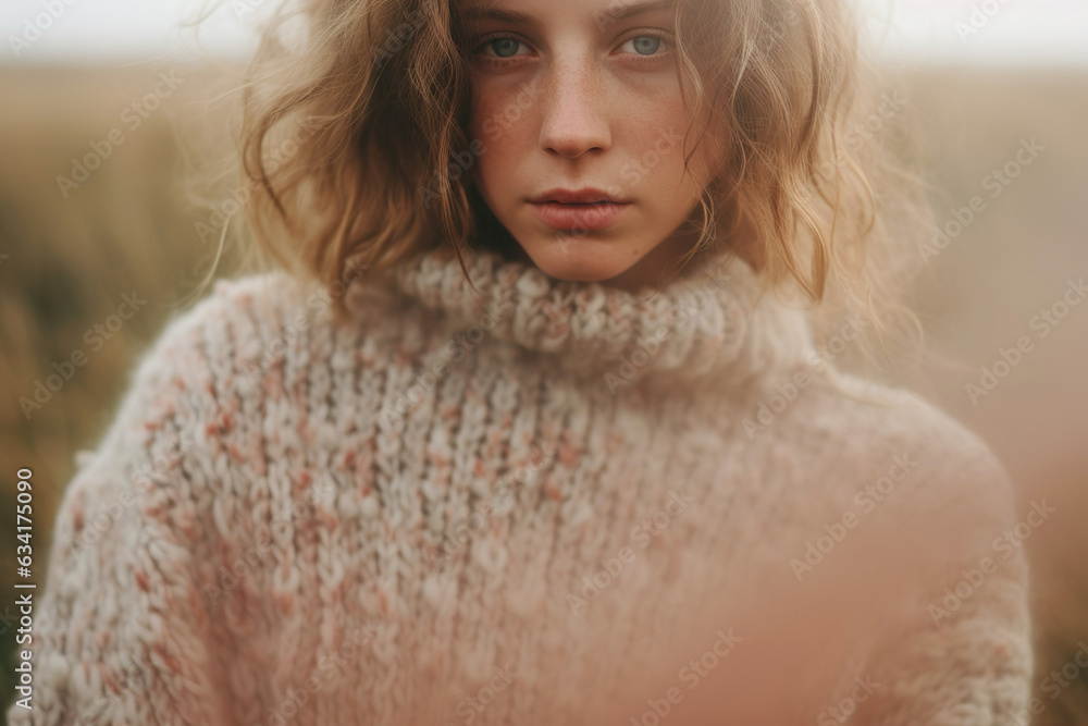 A fashionable young woman outdoors in autumn, wearing an oversized sweater. Her pensive expression matches the tranquility of the rural landscape. A fashionable young woman outdoors in autumn, wearing an oversized sweater. Her pensive expression matches the tranquility of the rural landscape.