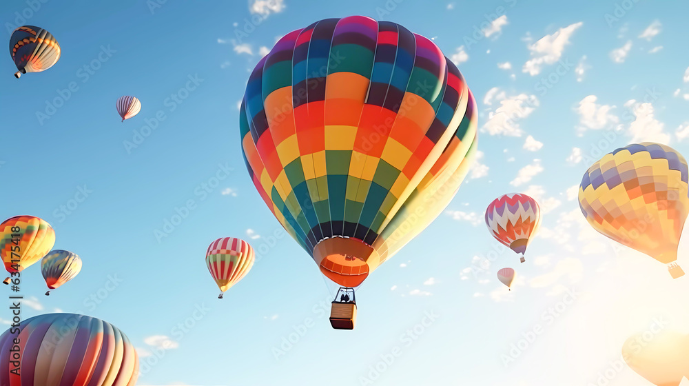 Obraz premium Colorful balloons with a gondola illuminated by the sun. Generative AI technology.