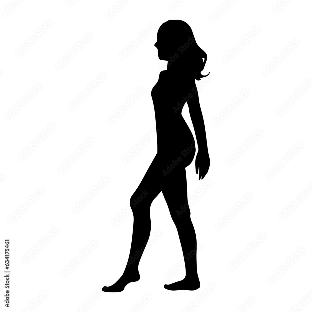 Vector illustration. Silhouette of a girl on the beach barefoot. Vector illustration. Silhouette of a girl on the beach barefoot.