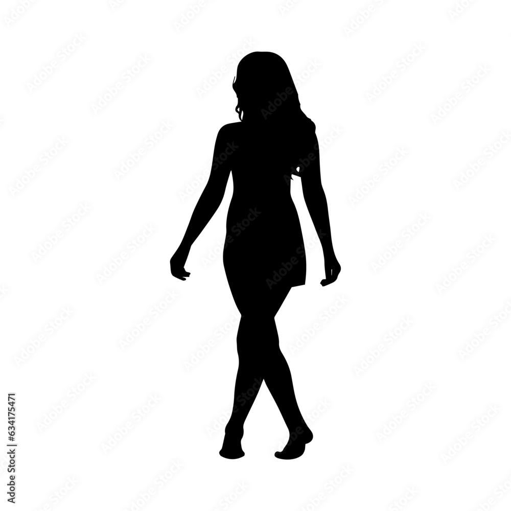 Vector illustration. Silhouette of a girl on the beach barefoot.