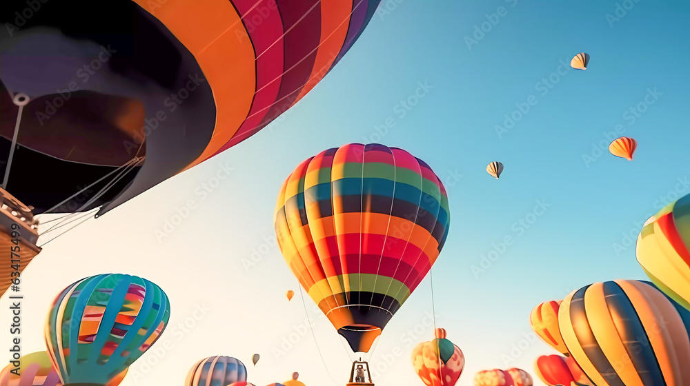 Fototapeta premium Colorful balloons with a gondola illuminated by the sun. Generative AI technology.