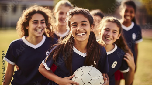 Teenager girls soccer team smiling wearing blue kit and holding a ball on soccer field school sport physical activity fitness  photo