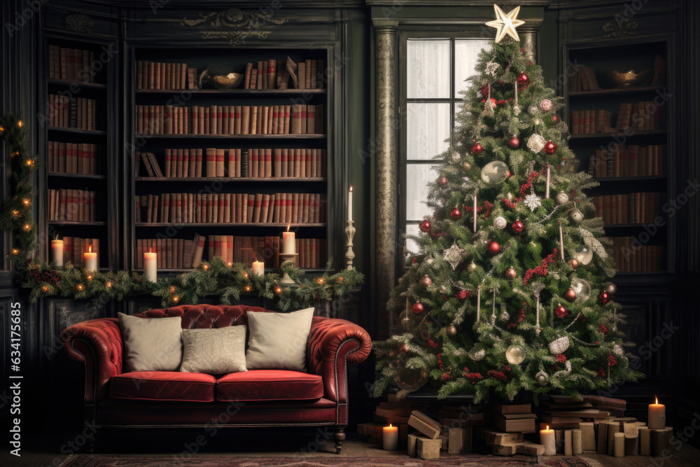 Stylish living room decorated for winter holidays. Cozy interior with festive Christmas tree. New Year background