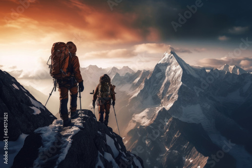 Fototapeta Two climbers ascend mountain peak