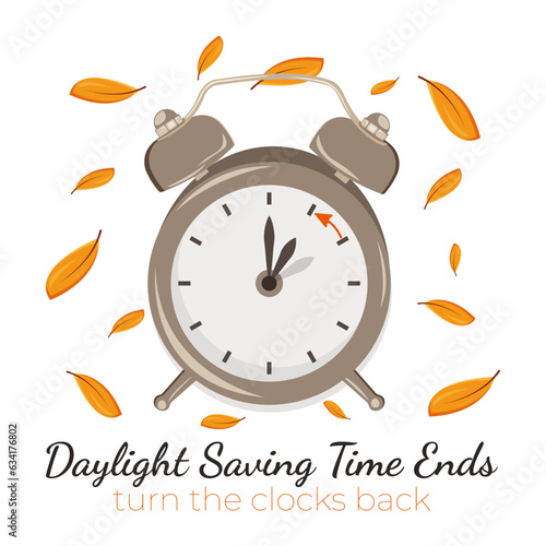 Daylight Saving Time ends. Turn your clock back. Autumn landscape with text Fall Back, the hand of the clocks turning to winter time. Minimalist design with clock and leaves.