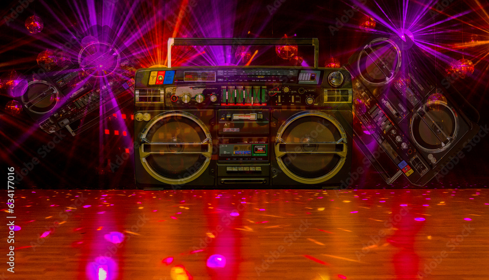 abstract music disco event party background banner flyer with disco balls and retro tape recorder