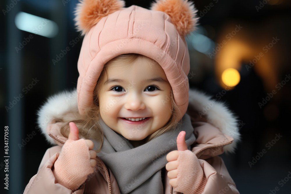 Happy smiling little girl in winter clothes showing thumbs up Happy smiling little girl in winter clothes showing thumbs up