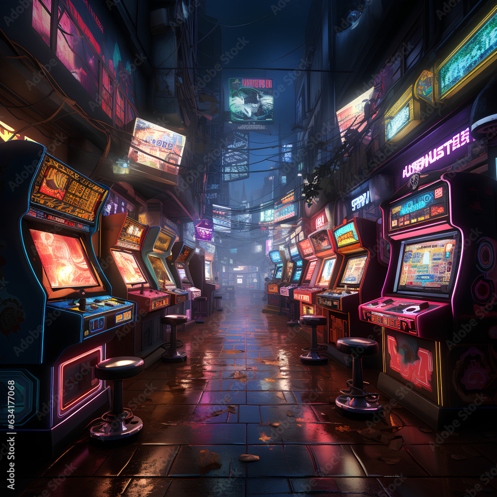 arcade scene of futuristic city at night