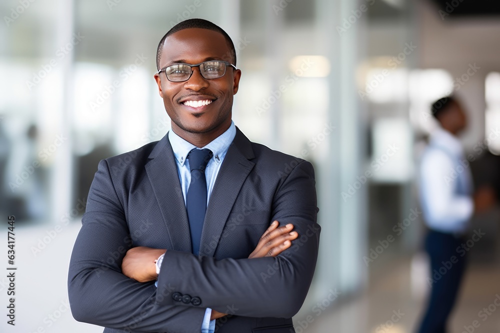 Smiling black executive posing with his arms crossed at the office looking at the camera Smiling black executive posing with his arms crossed at the office looking at the camera