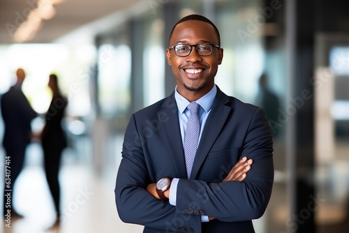 Smiling black executive posing with his arms crossed at the office looking at the camera photo