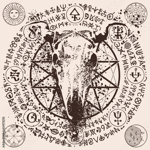 Vector illustration with a horned cow or bull skull, pentagram, occult and witchcraft signs. The symbol of Satanism Baphomet and magic runes written in a circle. black stains and splashes