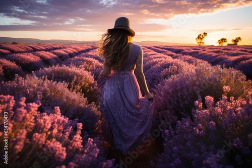 Lavender Wanderlust: A Traveler Moves through Vast Lavender Fields, Observed from Behind, Absorbed in the Sea of Dominant Purple Hues That Dominate the Landscape Generative AI 