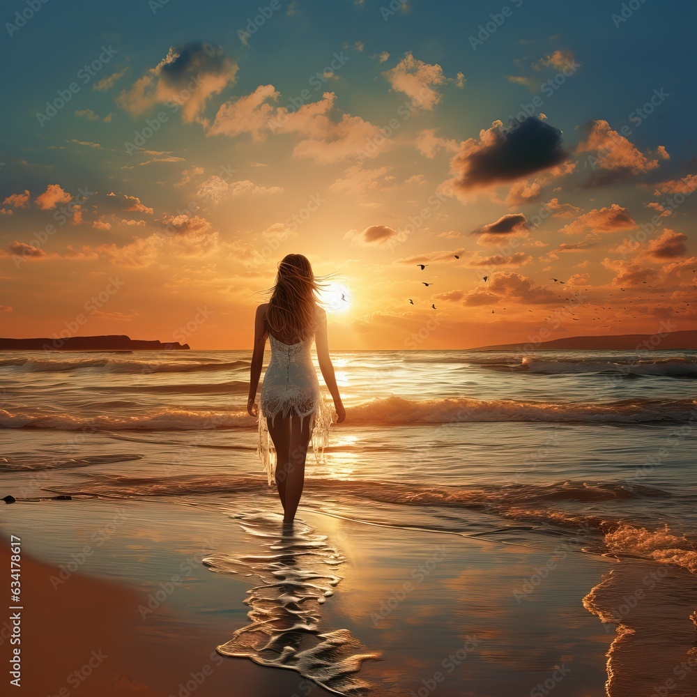 Amazing Shot of a Lady Walking towards the Sun during the Sunset in the Beach over the Shoreline. Long Dress Blown by the Wind.