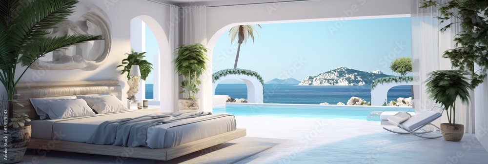 Interior Design of a Modern & Luxury Bedroom with a Balcony near the Sea, Greece. Santorini.