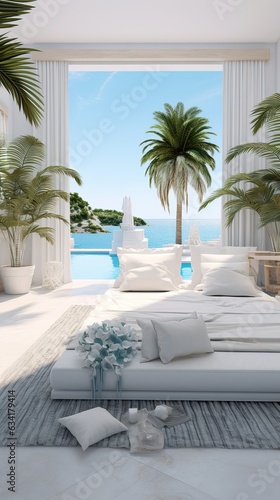 Interior Design of a Modern & Luxury Bedroom with a Balcony near the Sea, Greece. Santorini. © Luca
