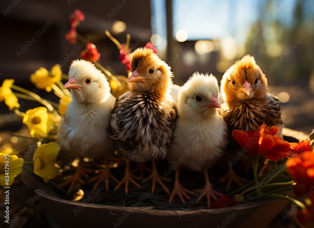Adorable baby chickens perched on a flower pot. A group of small chickens sitting on top of a flower pot