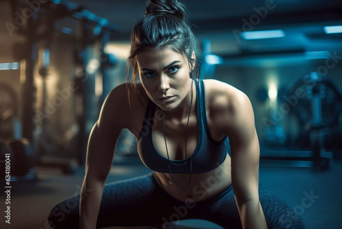 Fitness Grace: A Gorgeous Brunette Resting in Gym Attire, Embracing Serenity After Workout, ai generative