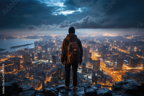 Cityscapes in Flux: Capturing a Traveler's Silhouette against the Dynamic Backdrop of a City's Skyline, During Dawn or Dusk, Portraying the Voyage Through Urban Realms Generative AI
