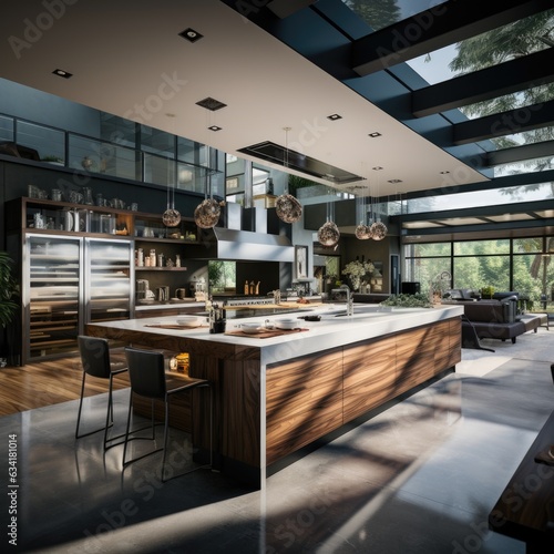 A modern  spacious kitchen with wooden cabinets  a wooden island  and state-of-the-art appliances. Generative AI