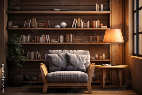 A cozy, modern reading nook with a wooden bookshelf and comfortable seating. Generative AI © Ivy