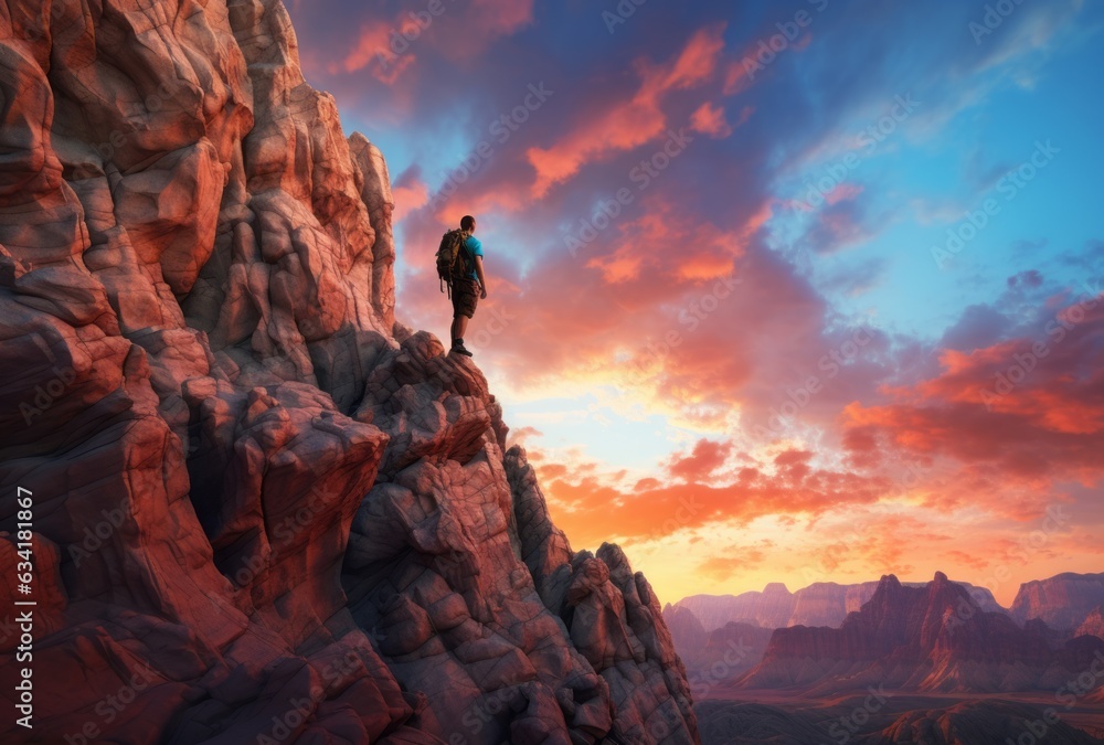 Young man standing on cliff, pink sky and sunset with copy space. Romantic background. Beautiful landscape.