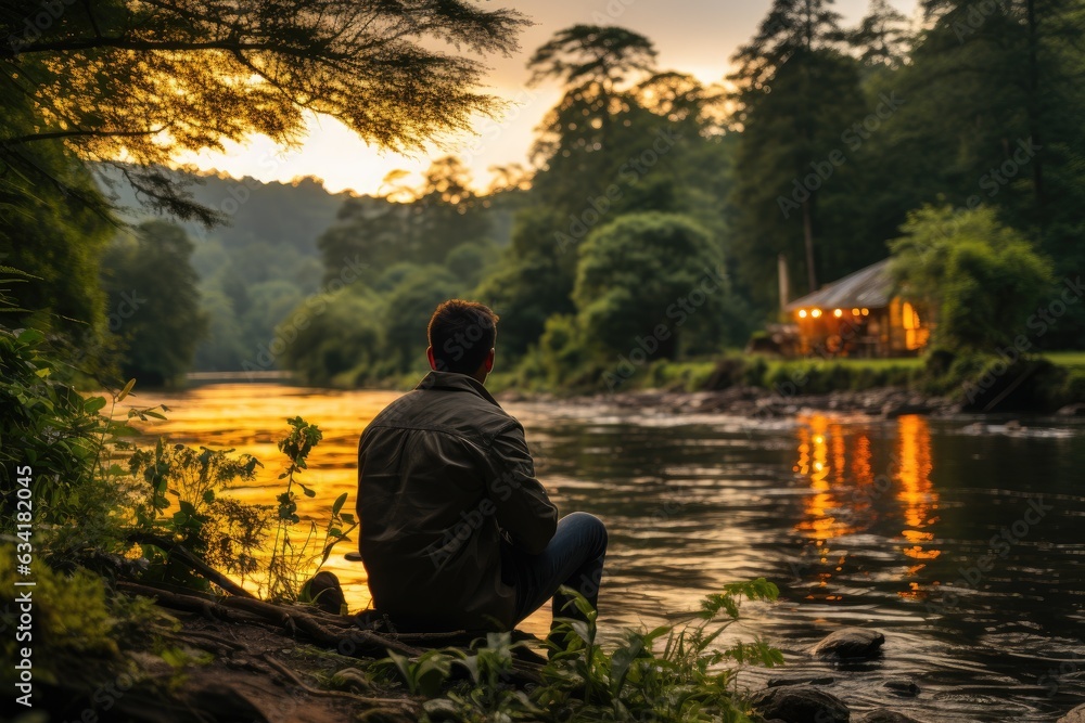 Tranquil Waterside Respite: An Individual's View from Behind, Embracing Fishing or Stillness by a Quiet River, with the Reflection Mirroring the Overarching Sky and Serene Surroundings Generative AI Tranquil Waterside Respite: An Individual's View from Behind, Embracing Fishing or Stillness by a Quiet River, with the Reflection Mirroring the Overarching Sky and Serene Surroundings Generative AI