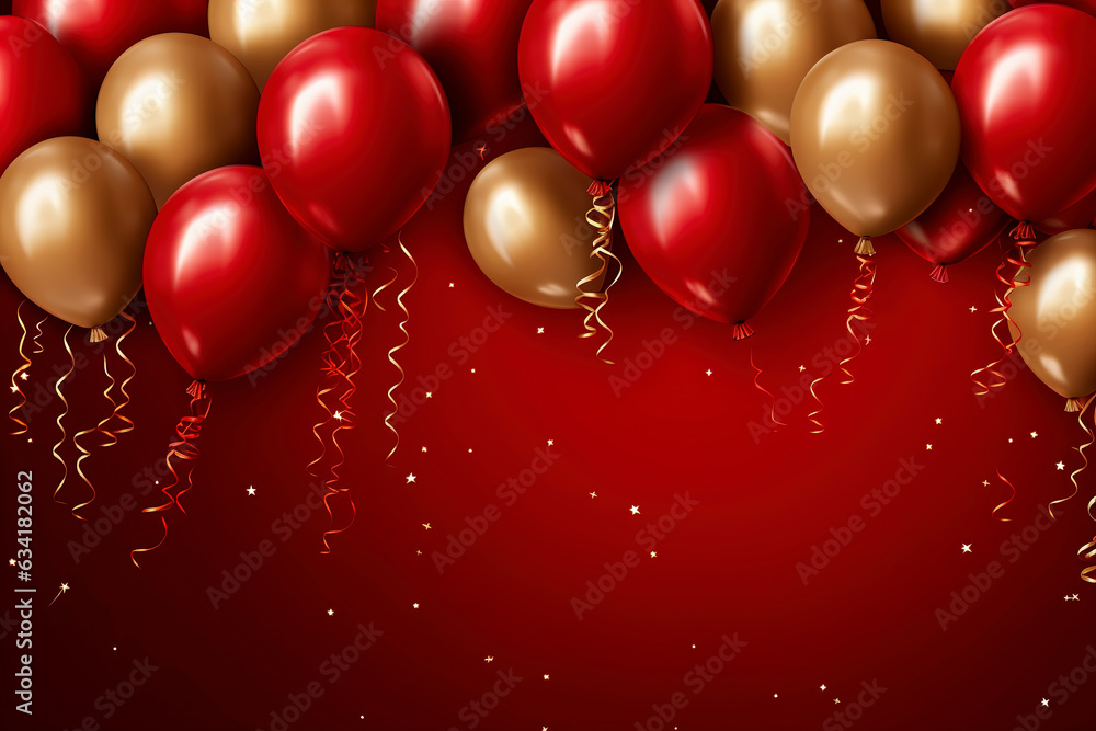 Celebration party banner background with red, gold balloons, carnival, festival or birthday balloon red background, red celebration background template, Illustrations for advertising, generative ai
