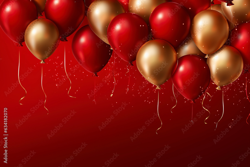 Celebration party banner background with red, gold balloons, carnival, festival or birthday balloon red background, red celebration background template, Illustrations for advertising, generative ai