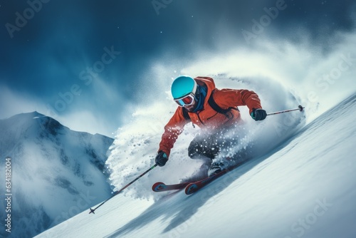 Skier on skis with poles descends quickly down the mountain. Extreme sports.