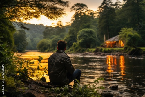 Tranquil Waterside Respite: An Individual's View from Behind, Embracing Fishing or Stillness by a Quiet River, with the Reflection Mirroring the Overarching Sky and Serene Surroundings Generative AI