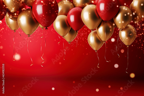 Obraz na płótnie Celebration party banner background with red, gold balloons, carnival, festival or birthday balloon red background, red celebration background template, Illustrations for advertising, generative ai w salonie