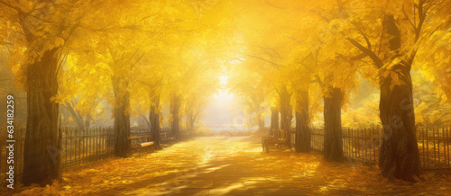 Golden trees along a sunlit alley in autumn park, landscape panorama