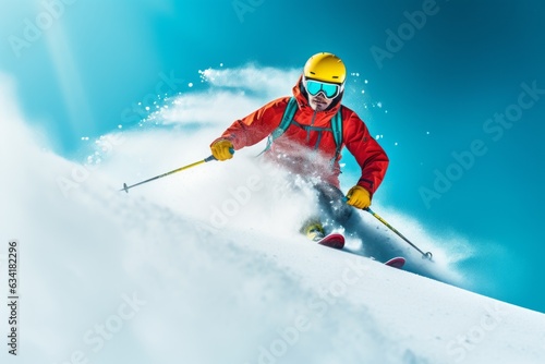 Skier with poles in colorful suit skis on snow with copy space.