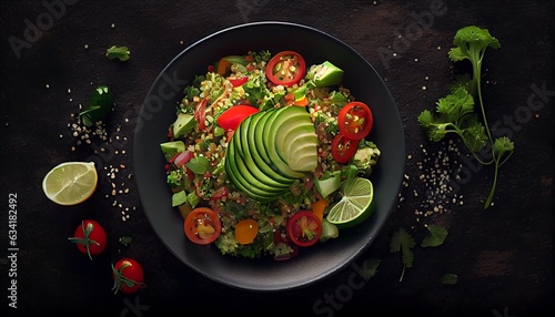 Tabbouleh salad with quinoa and cherry tomatoes, red paprika, avocado, cucumbers, onion, and parsley. top view and photo in high quality. Generative in Ai Technology