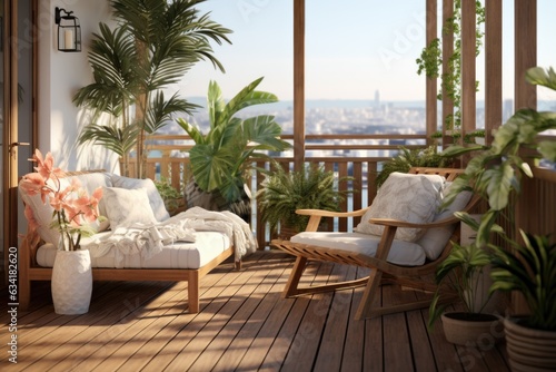 A balcony furnished with modern wooden outdoor furniture and potted plants. Generative AI