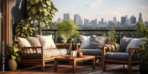 A balcony furnished with modern wooden outdoor furniture and potted plants. Generative AI © Ivy