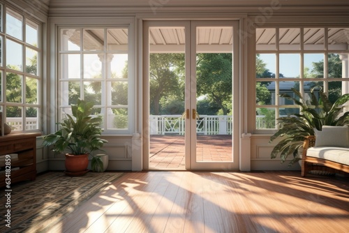 A sunroom with modern wooden French doors  inviting in the daylight. Generative AI