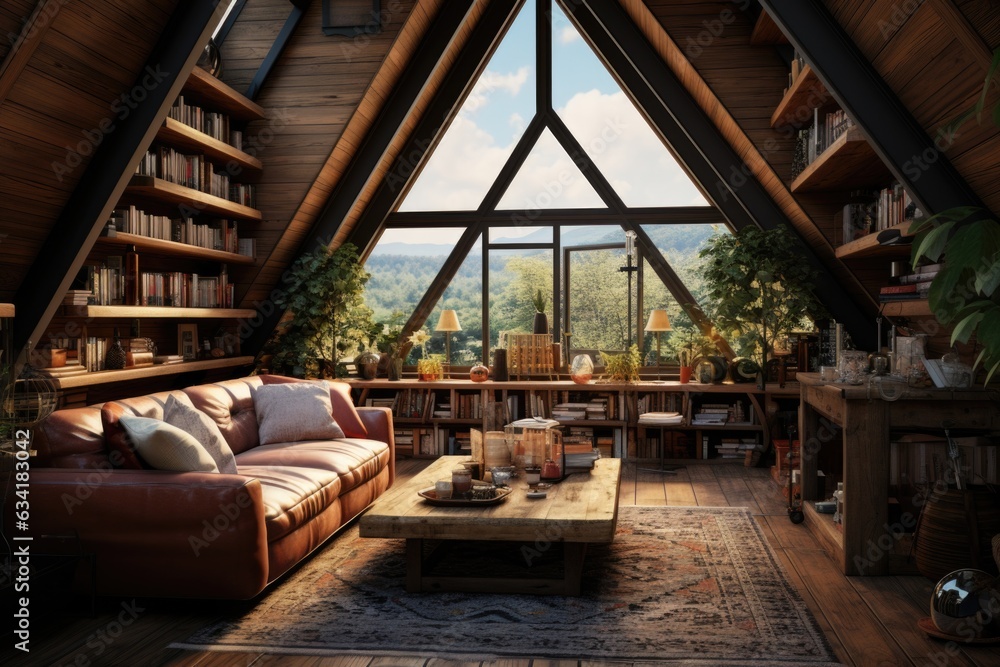 Modern Comfort in the Attic: Cozy Conversion with Wooden Beams and Contemporary Furniture. Generative AI