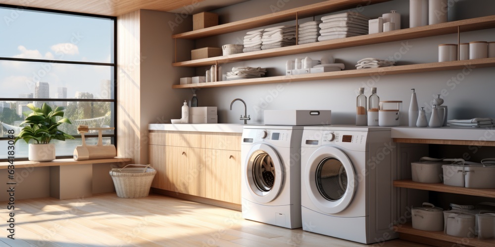 A laundry room with modern wooden cabinets and storage solutions. Generative AI A laundry room with modern wooden cabinets and storage solutions. Generative AI