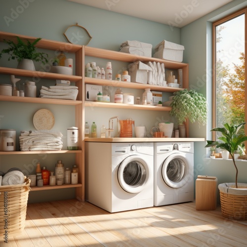 A laundry room with modern wooden cabinets and storage solutions. Generative AI