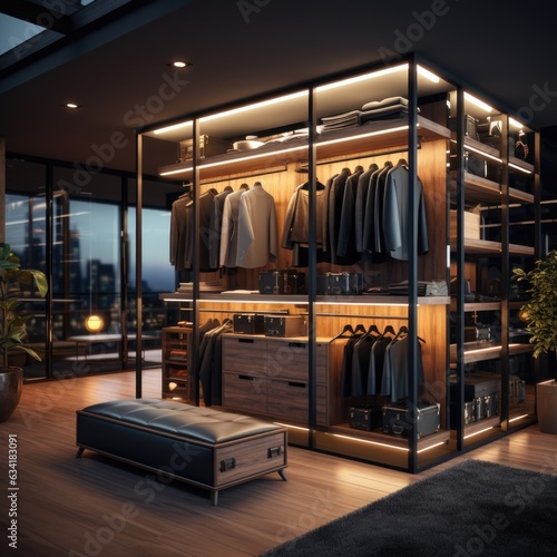 A walk-in wardrobe with wooden storage solutions and modern lighting. Generative AI