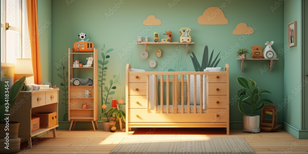 Contemporary Nursery Comfort: Wooden Crib and Matching Changing Table in a Modern Setting. Generative AI