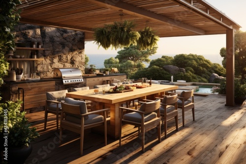 An outdoor kitchen with a modern wooden pergola and dining area. Generative AI © Ivy