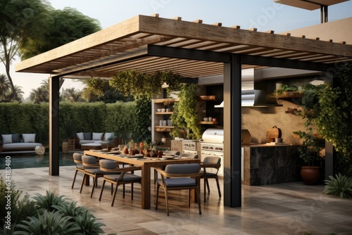 An outdoor kitchen with a modern wooden pergola and dining area. Generative AI © Ivy