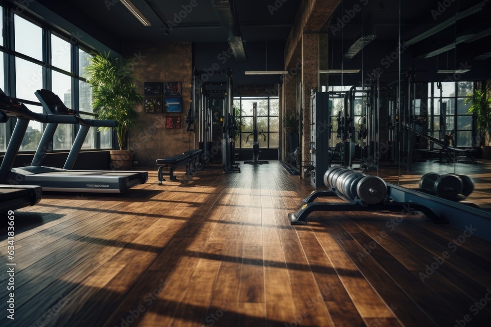 Contemporary Fitness Hub: Gym Room with Wooden Floor and Modern Exercise Equipment. Generative AI