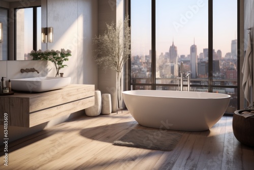 Contemporary Bath Retreat  Modern Bathroom with Wooden Floor Standing Bathtub and Sink. Generative AI