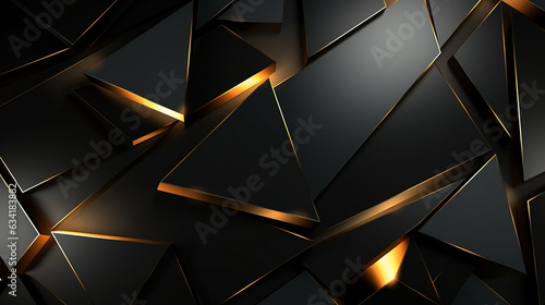 Black luxury 3D triangles geometric with golden light. AI generation