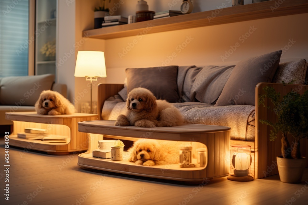 Pet Paradise: Modern Room with Wooden Pet Beds and Toy Storage Creating a Comfortable Space for Your Furry Family Member. Generative AI