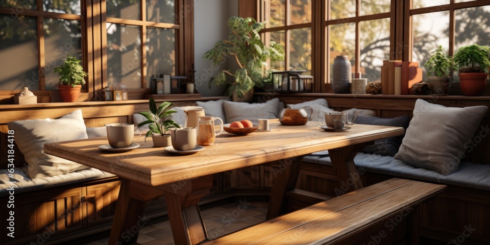 Cozy Breakfast Spot: Nook with Wooden Built-In Bench, Modern Table, and Matching Chairs. Generative AI