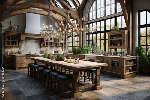 Gourmet Elegance  A Kitchen featuring Wooden Ceiling Beams and Contemporary Pendant Lighting. Generative AI